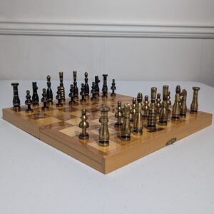 Vintage Mid Century Modern Brass Chess set wooden box